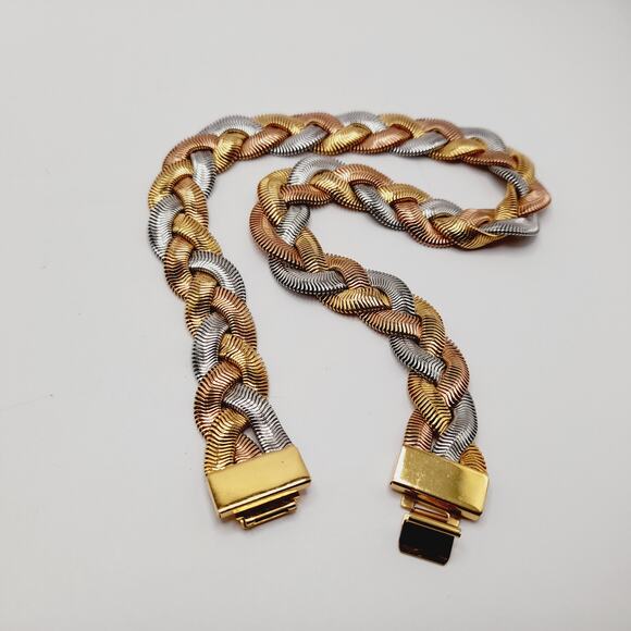 Vintage Monet 3 Tone Braided Snake Chain Necklace 16” Signed 1980s - Picture 10 of 10